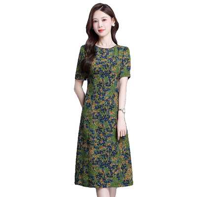 埃伦绿色印花薄款气质连衣裙女