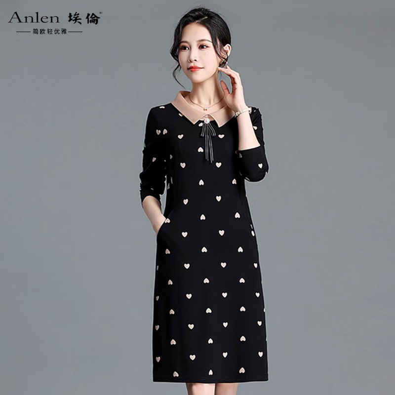 埃伦黑色波点娃娃领遮肉中长裙2025夏季妈妈装连衣裙长袖修身裙子