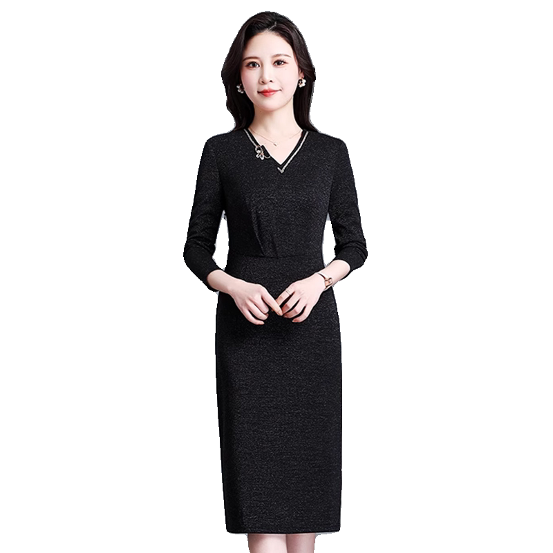 中年女士连衣裙长袖V领收腰