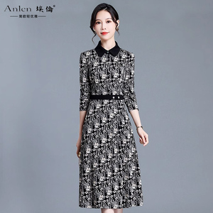 埃伦复古印花连衣裙女2024秋季新款雪纺长袖气质收腰名媛碎花裙子