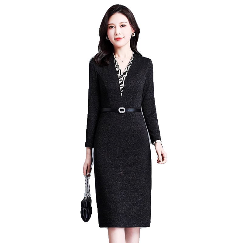 埃伦中年女士连衣裙V领A字裙