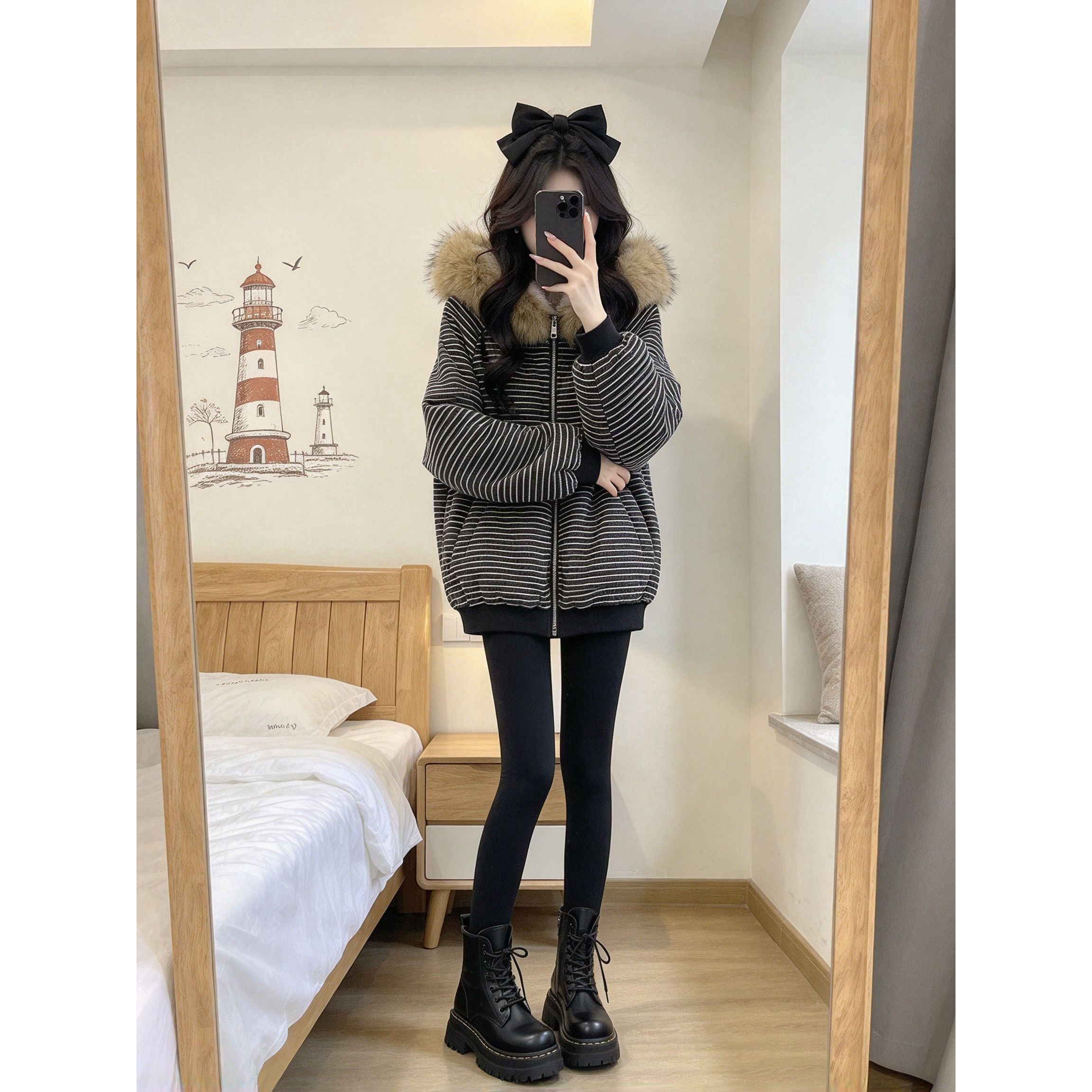 冬季小个子条纹外套女毛领连帽短款条纹休闲百搭加厚宽松保暖棉衣