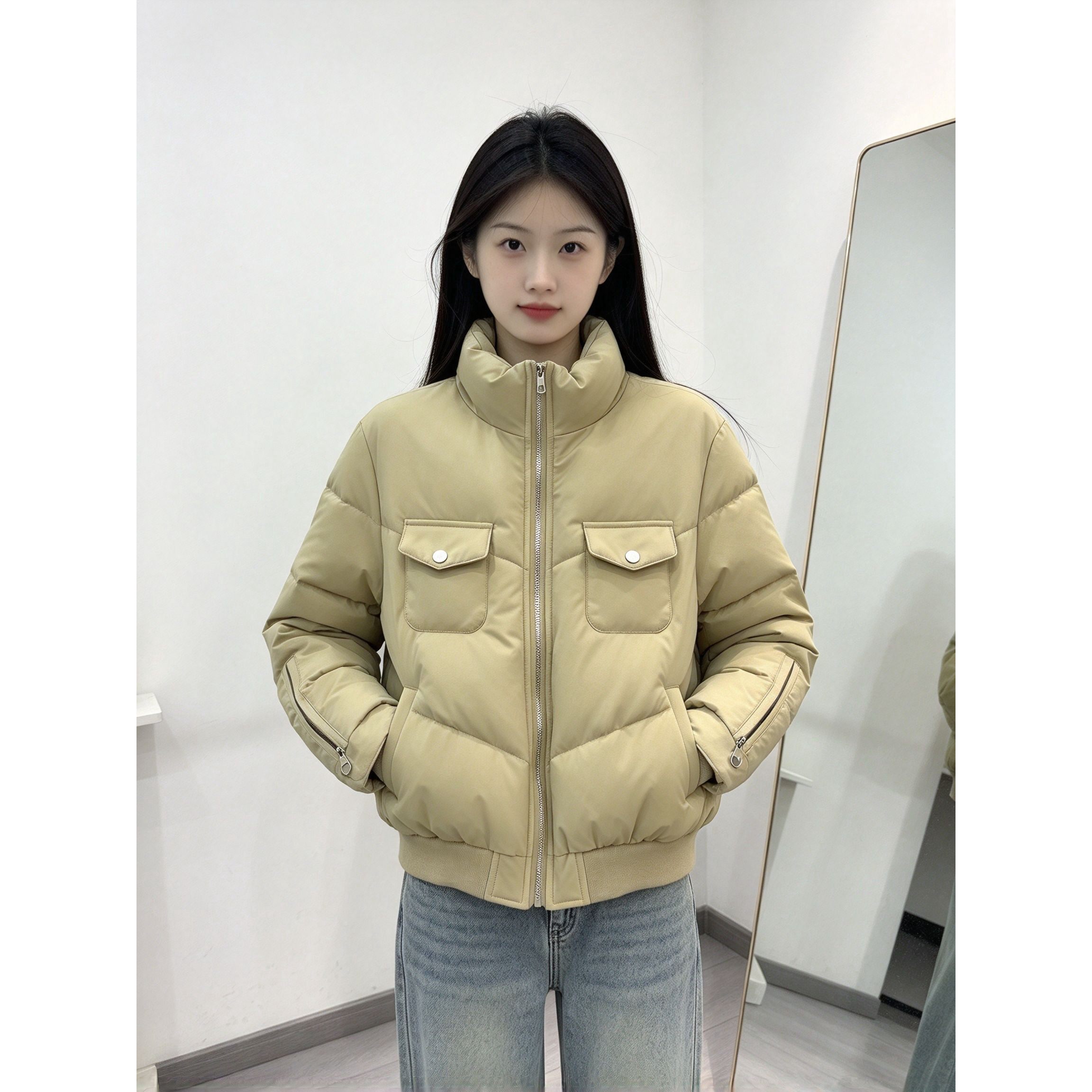 简约工装棉衣女立领短款高腰口袋小个子冬季休闲百搭保暖棉服