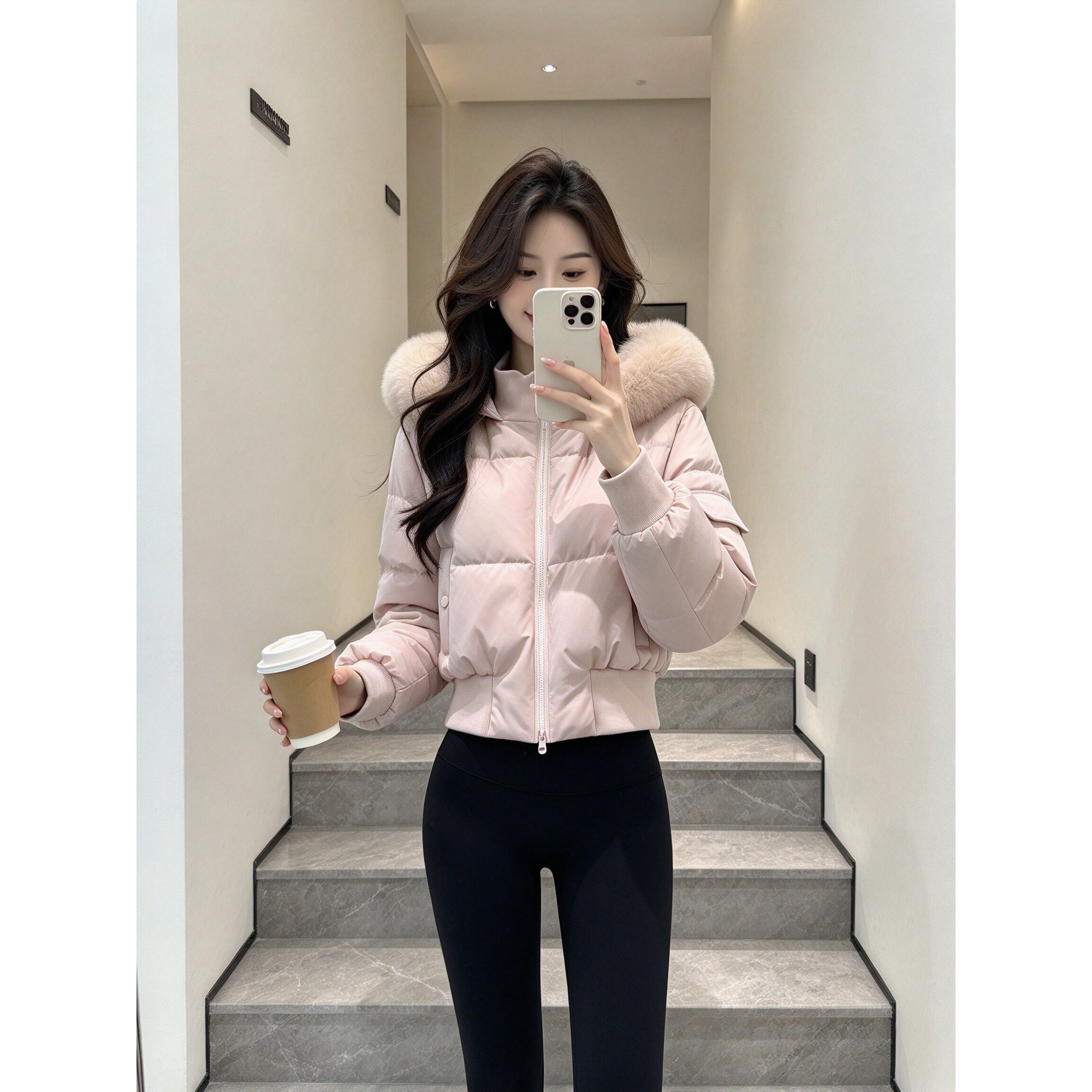 温柔风大毛领短款棉服女小个子高腰显瘦休闲冬季连帽加厚面包服