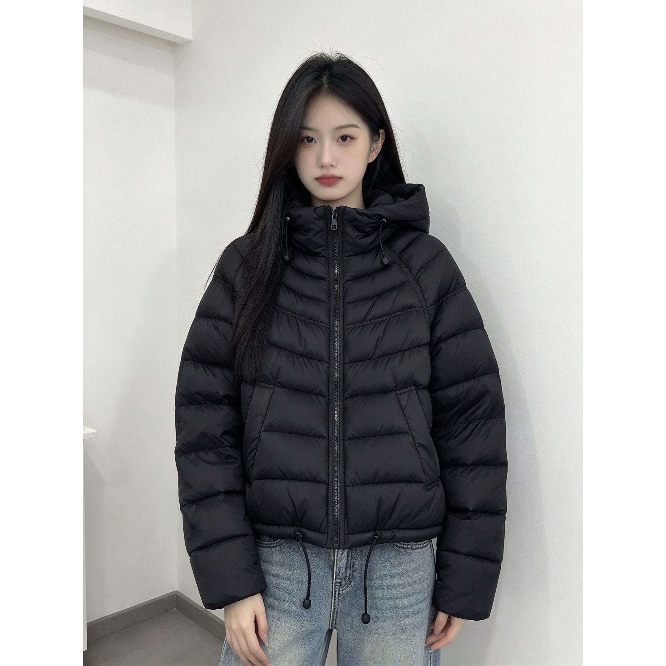 纯色横绗短款棉服女连帽下摆抽绳宽松减龄休闲秋冬轻便外套