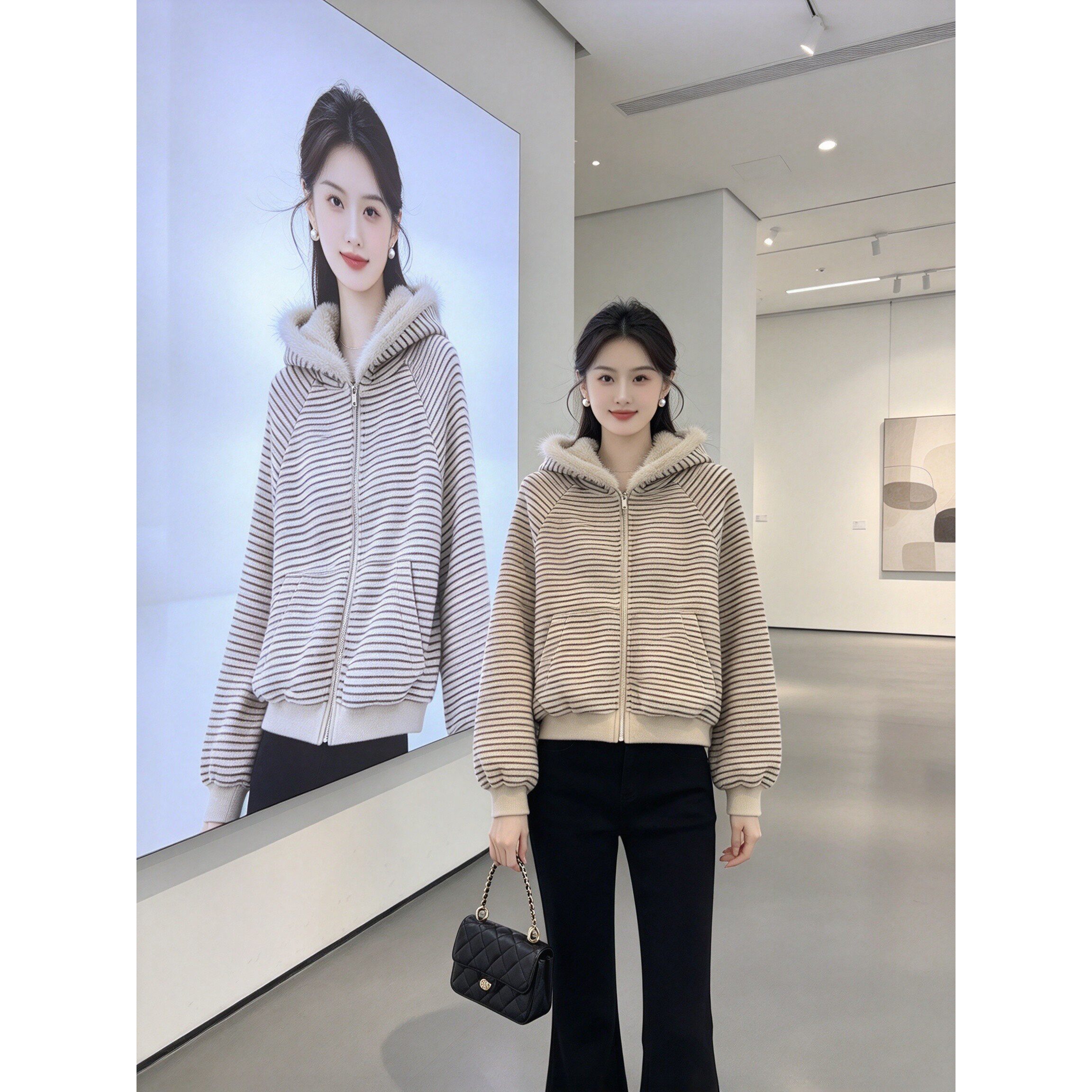 温柔风条纹连帽上衣女冬季加厚毛绒帽领宽松落肩显瘦短款外套女