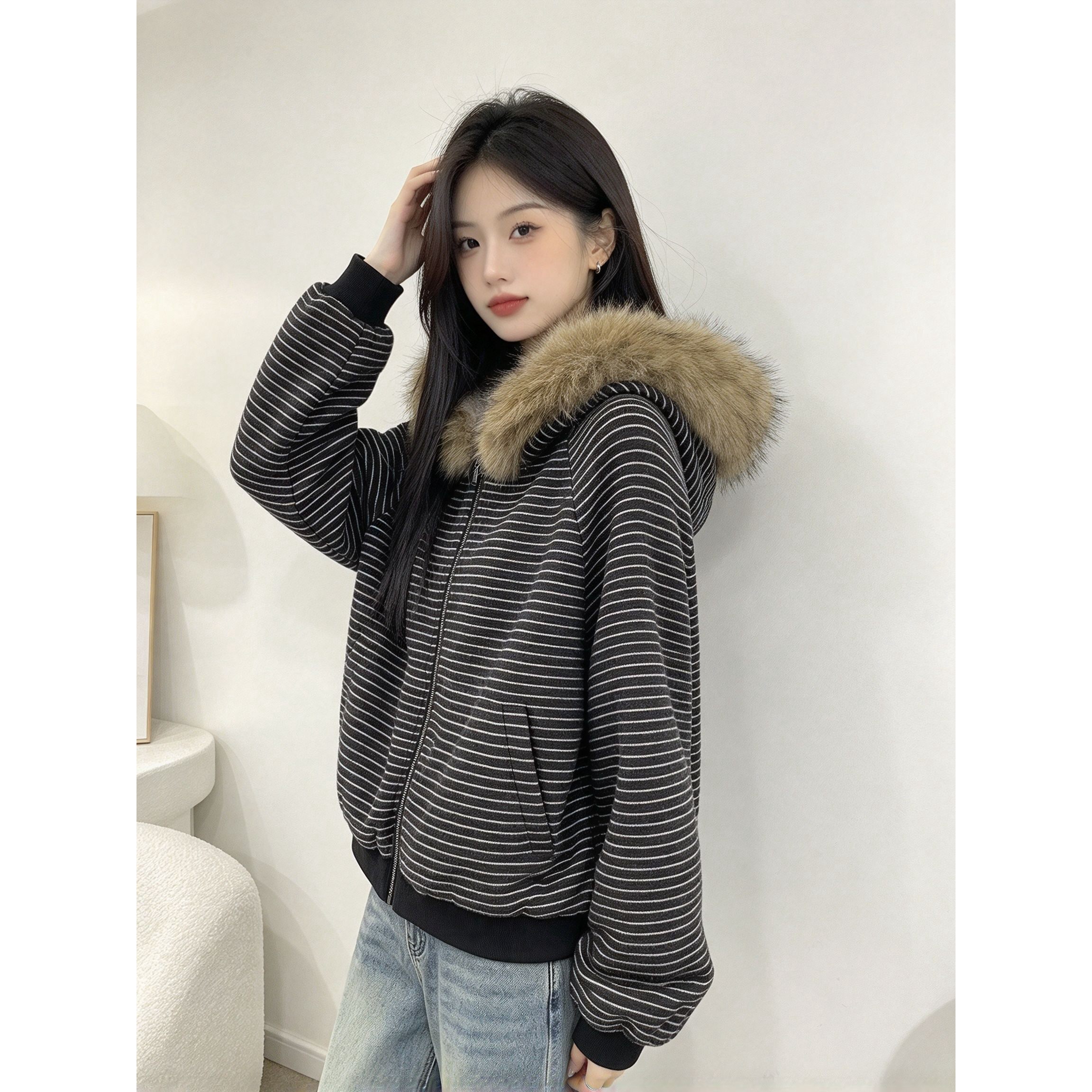 毛领连帽条纹棉服女短款横条纹罗纹下摆秋冬休闲百搭加厚面包服