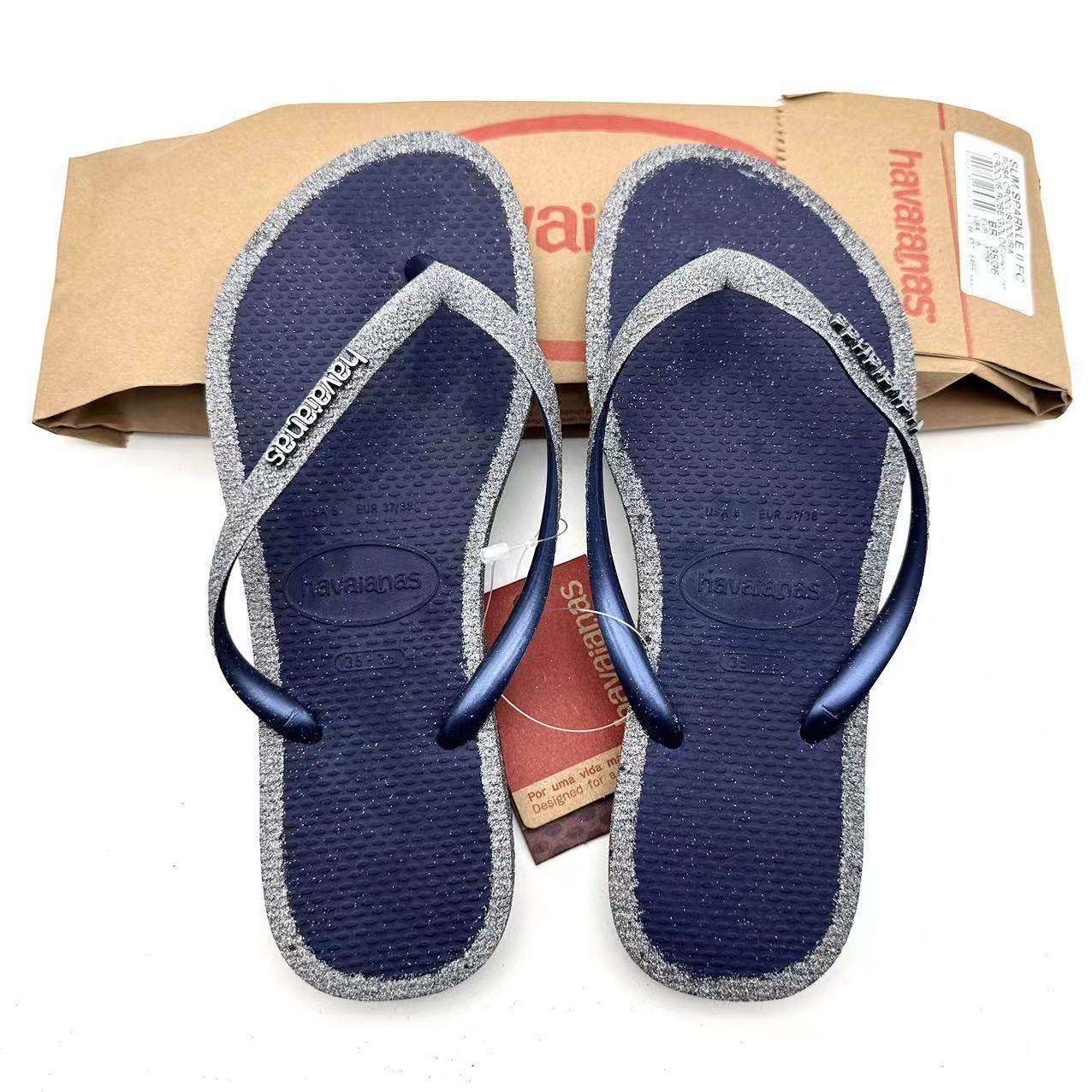 2024巴西哈瓦那Havaianas闪粉金属Logo防滑外穿沙滩平底人字拖女