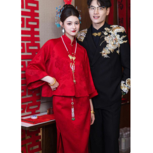 大码敬酒服新娘中式改良旗袍套装红色订婚礼服裙显白高级感回门宴