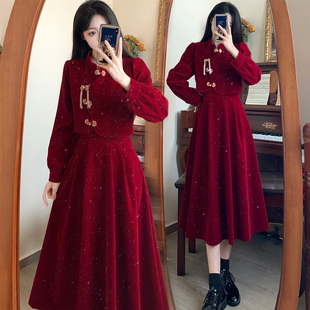 大码敬酒服胖mm订婚高端礼服裙新娘回门服酒红色连衣裙女新款秋冬