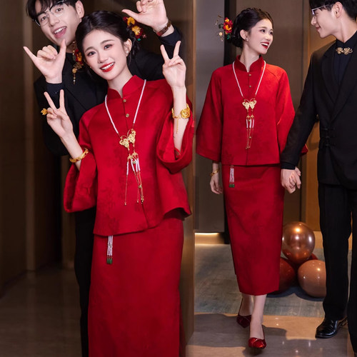 大码胖mm套装敬酒服新娘新款高级感新中式旗袍订婚礼服裙显白回门