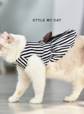 猫咪衣服公主Barbara新款2023礼物宠物黑白条纹复古裙休闲蝴蝶结