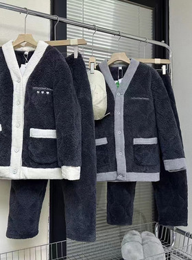 佰伦世家情侣V领睡衣时尚冬季珊瑚绒三层夹棉青年保暖男女家居服