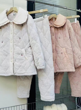 佰伦世家冬季睡衣女保暖牛奶绒三层加厚夹棉素色樱桃家居服41291