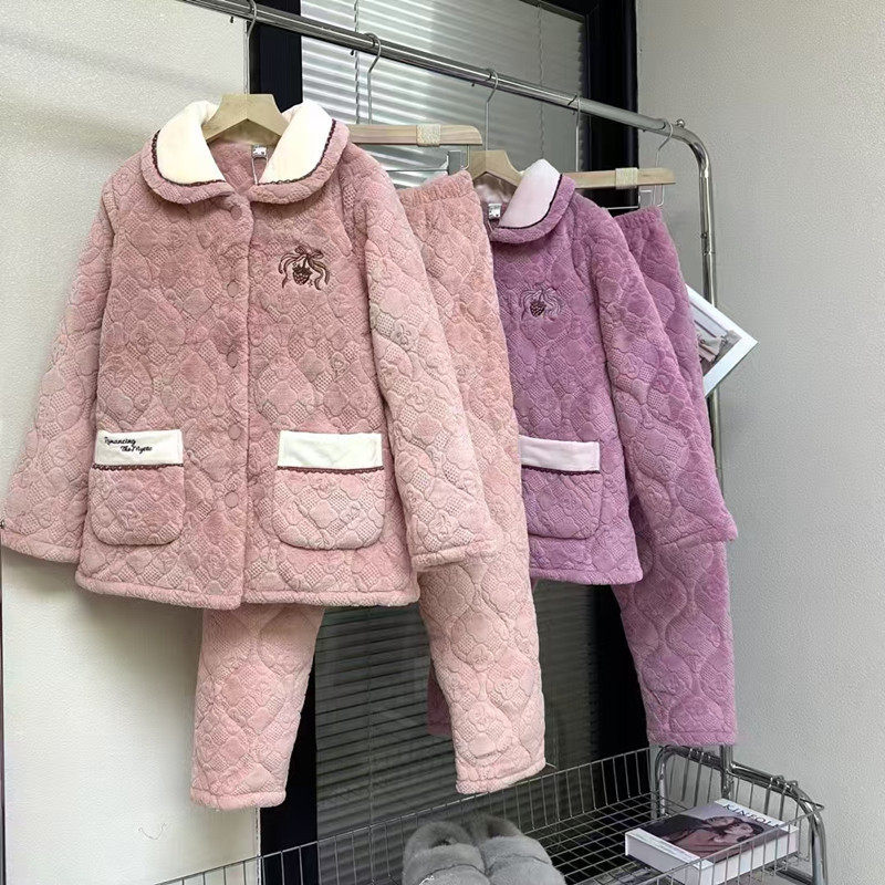 佰伦世家牛奶绒冬季睡衣女士三层夹棉新款甜美加绒加厚家居服套装