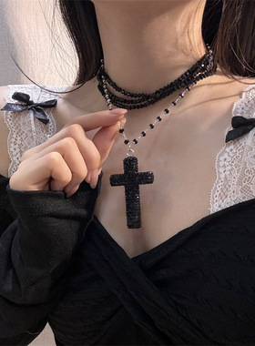 合金锁骨链女性黑色多层闪钻项链