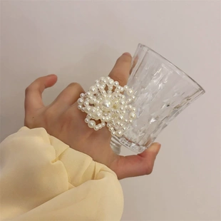 小众韩系串珠花朵戒指复古珍珠花朵夸张戒指