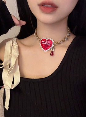 甜酷ins风红色爱心项链可爱淘气字母豹纹颈链
