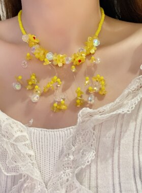 春夏甜美黄色花朵水晶串珠项链度假风氛围感锁骨链百搭颈链