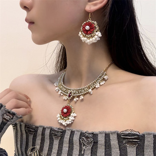 欧美夸张玫瑰花水晶珍珠项链耳环戒指套装女宴会舞台礼服配饰