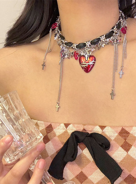 合金锁骨链女性红色爱心皮革项链