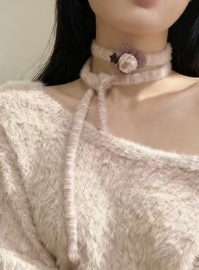 秋冬气质花朵长条毛绒项链女百搭长款围脖颈链配饰毛衣链