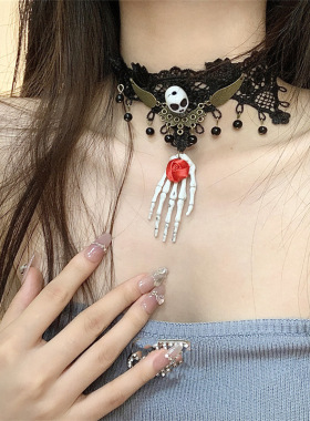 合金合金刀片链女性蕾丝骷髅项链