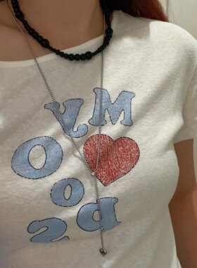韩国黑色串珠爱心伸缩流苏项链 女毛衣链 简约女