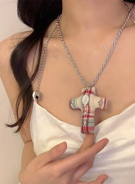 中古项链红色格子拼布几何形吊坠项链辣妹y2k时尚个性长款