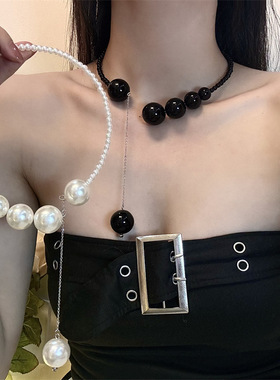 串珠圆珠链女性黑色串珠吊坠项链