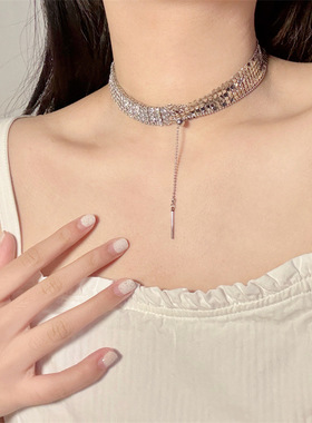 合金刀片链女性满钻可抽拉项链