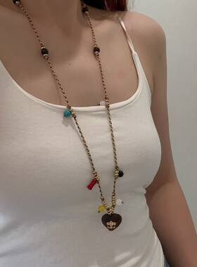 法式复古爱心鸢尾花吊坠编织绳项链女小众简约百搭长款毛衣链配饰