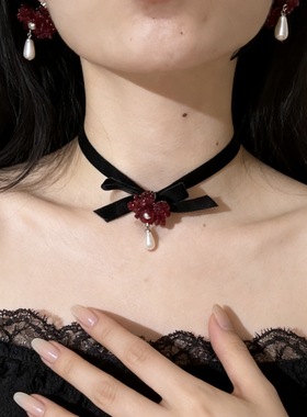 性感甜美串珠花朵水滴蝴蝶结丝绒项链耳环时尚小香风优雅气质饰品