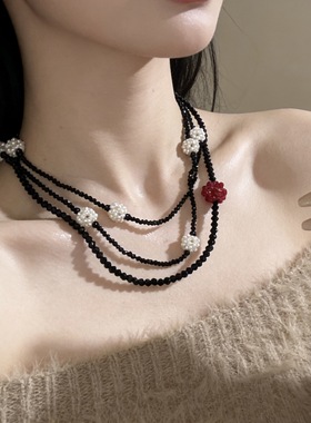 小众黑色水晶手工串珠长款项链女珍珠气质毛衣链