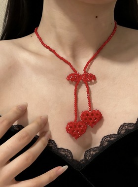 甜美手工水晶串珠蝴蝶结爱心项链时髦洋气ins冷淡风毛衣链女