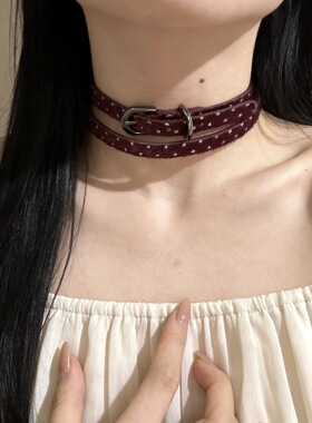 双圈酒红色复古波点choker皮带扣项圈女y2k千禧辣妹风颈带