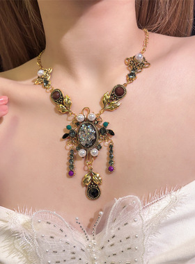 欧美复古汉服项链女水晶珍珠锁骨链宝石吊坠毛衣链挂件百搭配饰品
