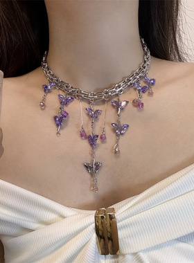 合金刀片链女性紫色水晶蝴蝶项链