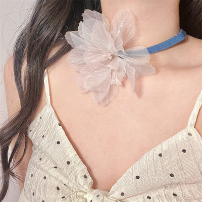 布料刀片链女性蕾丝大花朵项链