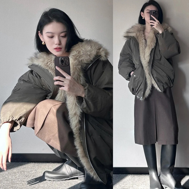 韩国小众环保皮草拼接羽绒棉衣女下摆抽褶立领短款宽松棉服外套