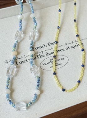 天然白水晶ins风串珠蓝色撞色青金石锁骨链项链 叠戴高级感百搭