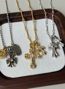 铜镀银中性甜酷港风复古做旧十字架心吊坠项链小众设计锁骨链颈链