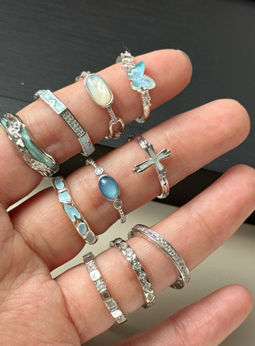 蓝色系铜镀金高保色指环 滴油蝴蝶锆石开口可调节戒指 小众饰品