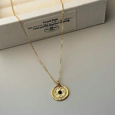 罗马中古风铜镀金高品质天然护眼石镶嵌圆形花纹项链 吊坠锁骨链