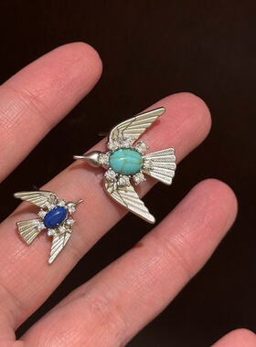 实体实拍｜中古vintage文艺风不对称蓝色气质复古天然石小鸟耳钉
