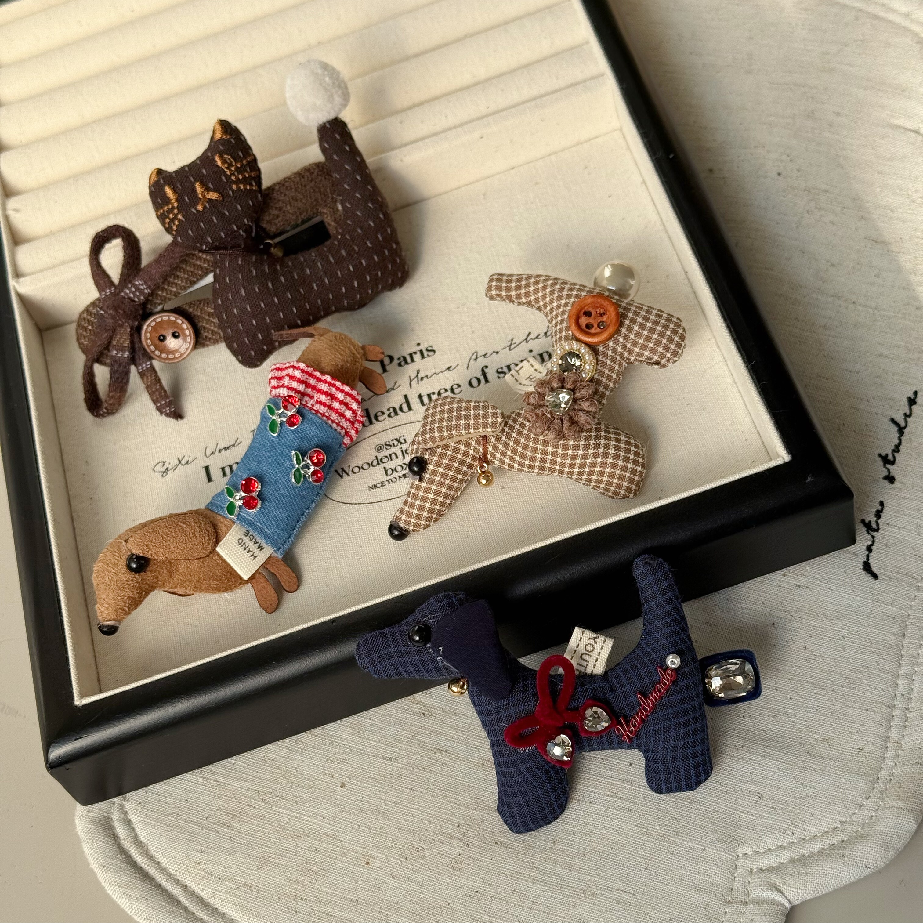 可爱布艺小清新森系布偶卡通小狗小猫格子发夹边夹刘海碎发夹发饰