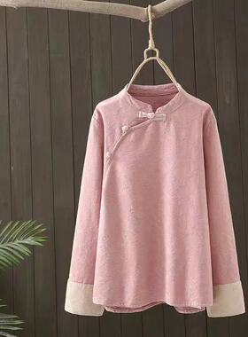 18387新中式改良暗纹提花长袖衬衫宽松百搭国风盘扣斜襟套头衬衣