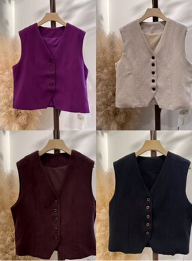 22363轻奢老钱风亚麻棉V领马甲单排扣叠穿马夹纯棉内里无袖西装女