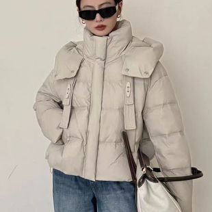 23655抗寒连帽羽绒服欧版 休闲加厚保暖白鸭绒双扣飘带面包服外套