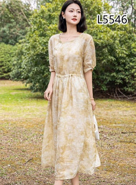 雷氏家~22540扎染印花盘扣圆领套头苎麻连衣裙国风收腰双层长裙女